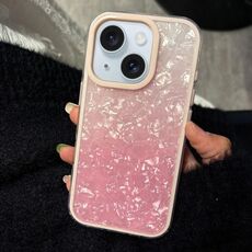 Per iPhone 15 Plus PC Lens Ring Gradient Shell Texture 3 in 1 Custodia per telefono (rosa)