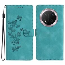 Custodia in pelle con motivo a farfalla e fiore per Honor X9c (blu cielo)