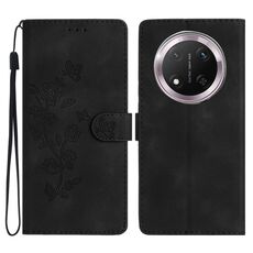 Custodia in pelle con motivo a farfalla e fiore per Honor X9c (nero)