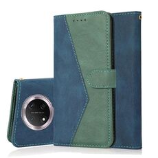 Custodia per telefono in pelle con cuciture bicolore per Honor X9C (blu verde)