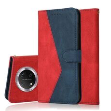 Custodia per telefono in pelle con cuciture bicolore per Honor X9C (rosso blu)