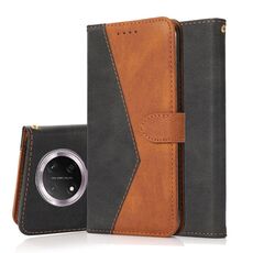 Custodia per telefono in pelle con cuciture bicolore per Honor X9C (nero marrone)