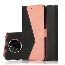Custodia per telefono in pelle con cuciture bicolore per Honor Magic7 (nero, rosa e oro)
