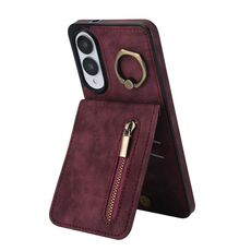 Per Samsung Galaxy S25 Edge 5G Custodia per telefono con anello retrò e cerniera RFID Card Slot (rosso vino)