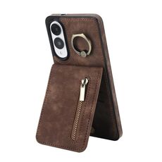 Per Samsung Galaxy S25 Edge 5G Custodia per telefono con anello retrò e cerniera RFID Card Slot (marrone)