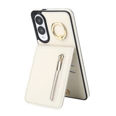Per Samsung Galaxy S25 Edge 5G Custodia per telefono con anello retrò e cerniera RFID Card Slot (beige)