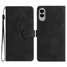 Per Samsung Galaxy S25 Edge 5G Custodia in pelle con motivo a rilievo floreale (nero)