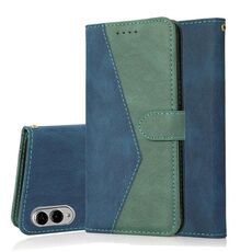 Per Samsung Galaxy S25 Edge 5G Custodia per telefono in pelle con cuciture bicolore (blu verde)