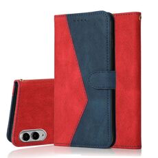 Per Samsung Galaxy S25 Edge 5G Custodia per telefono in pelle con cuciture bicolore (rosso blu)