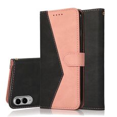 Per Samsung Galaxy S25 Edge 5G Custodia in pelle con cuciture bicolore (nero, oro rosa)