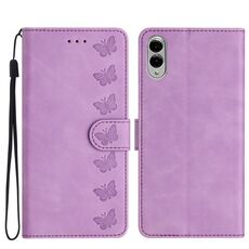 Per Samsung Galaxy S25 Edge 5G Custodia per telefono in pelle goffrata con sette farfalle (viola)
