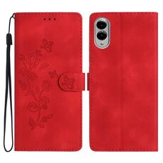 Per Samsung Galaxy S25 Edge 5G Custodia in pelle con motivo a farfalla e fiore (rosso)