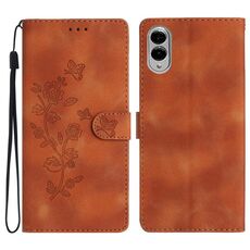 Per Samsung Galaxy S25 Edge 5G Custodia in pelle con motivo a farfalla e fiore (marrone)