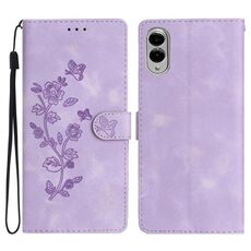 Per Samsung Galaxy S25 Edge 5G Custodia in pelle con motivo a farfalla e fiore (viola)