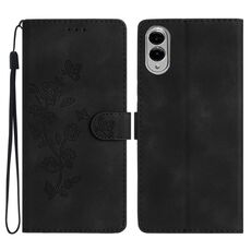 Per Samsung Galaxy S25 Edge 5G Custodia in pelle con motivo a farfalla e fiore (nero)