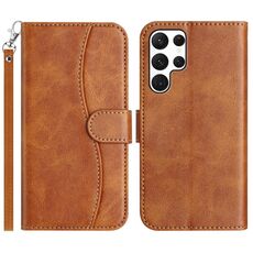 Per Samsung Galaxy S22 Ultra 5G Custodia in pelle a forma di S con doppia piegatura (marrone)