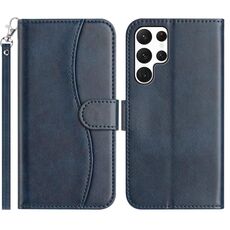 Per Samsung Galaxy S22 Ultra 5G Custodia in pelle a forma di S a doppia piega (blu navy)