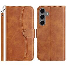 Per Samsung Galaxy S24 5G Custodia in pelle a forma di S con doppia piegatura (marrone)