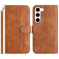 Per Samsung Galaxy S23 5G Custodia in pelle a forma di S a doppia piega (marrone)