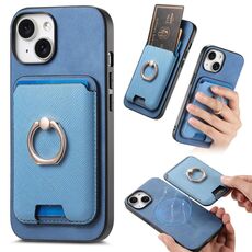 Per iPhone 15 Plus Retro Cross Leather Card Bag MagSafe Custodia per telefono (blu)
