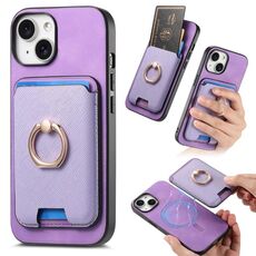 Per iPhone 15 Plus Retro Cross Leather Card Bag MagSafe Custodia per telefono (viola)