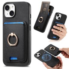 Per iPhone 15 Plus Retro Cross Leather Card Bag MagSafe Custodia per telefono (nero)