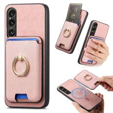 Per Sony Xperia 1 VI Retro Cross Leather Ring Vertical Insert Card Bag MagSafe Custodia per telefono (rosa)