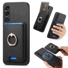 Per Sony Xperia 1 VI Retro Cross Leather Ring Vertical Insert Card Bag MagSafe Custodia per telefono (nero)