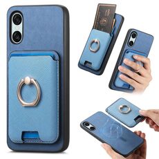 Per Sony Xperia 10 VI Retro Cross Leather Ring Vertical Insert Card Bag MagSafe Custodia per telefono (blu)