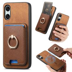 Per Sony Xperia 10 VI Retro Cross Leather Ring Vertical Insert Card Bag MagSafe Custodia per telefono (marrone)
