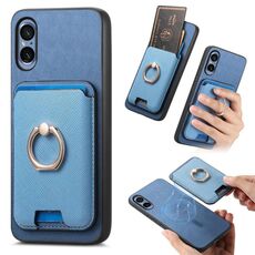 Per Sony Xperia 5 V Retro Cross Leather Ring Vertical Insert Card Bag MagSafe Custodia per telefono (blu)