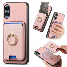 Per Sony Xperia 5 V Retro Cross Leather Ring Vertical Insert Card Bag MagSafe Custodia per telefono (rosa)