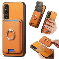 Per Sony Xperia 1 V Retro Cross Leather Ring Vertical Insert Card Bag MagSafe Custodia per telefono (giallo)
