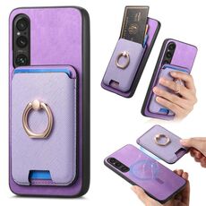 Per Sony Xperia 1 V Retro Cross Leather Ring Vertical Insert Card Bag MagSafe Custodia per telefono (viola)