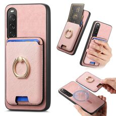 Per Sony Xperia 10 V Retro Cross Leather Ring Vertical Insert Card Bag MagSafe Custodia per telefono (rosa)