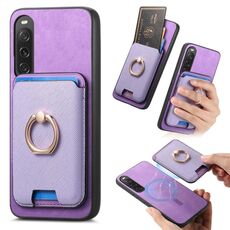 Per Sony Xperia 10 V Retro Cross Leather Ring Vertical Insert Card Bag MagSafe Custodia per telefono (viola)