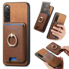 Per Sony Xperia 10 V Retro Cross Leather Ring Vertical Insert Card Bag MagSafe Custodia per telefono (marrone)