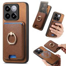Per Xiaomi 14 5G Retro Cross Leather Ring Vertical Insert Card Bag MagSafe Custodia per telefono (marrone)