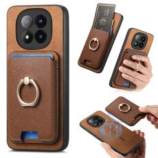 Per Xiaomi 14 Pro 5G Retro Cross Leather Ring Vertical Insert Card Bag MagSafe Custodia per telefono (marrone)
