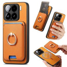 Per Xiaomi 15 Retro Cross Leather Ring Vertical Insert Card Bag MagSafe Custodia per telefono (giallo)
