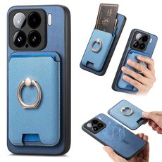 Per Xiaomi 15 Retro Cross Leather Ring Vertical Insert Card Bag MagSafe Custodia per telefono (blu)