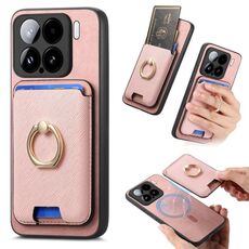 Per Xiaomi 15 Retro Cross Leather Ring Vertical Insert Card Bag MagSafe Custodia per telefono (rosa)