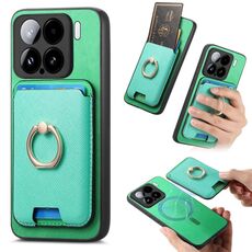 Per Xiaomi 15 Retro Cross Leather Ring Vertical Insert Card Bag MagSafe Custodia per telefono (verde)
