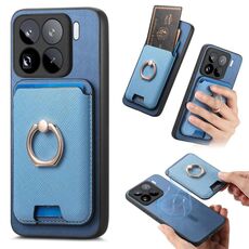Per Xiaomi 15 Pro Retro Cross Leather Ring Vertical Insert Card Bag MagSafe Custodia per telefono (blu)