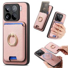 Per Xiaomi 15 Pro Retro Cross Leather Ring Vertical Insert Card Bag MagSafe Custodia per telefono (rosa)