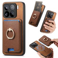 Per Xiaomi 15 Pro Retro Cross Leather Ring Vertical Insert Card Bag MagSafe Custodia per telefono (marrone)