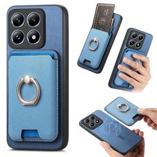 Per Xiaomi 14T Pro Retro Cross Leather Ring Vertical Insert Card Bag MagSafe Custodia per telefono (blu)