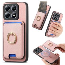 Per Xiaomi 14T Pro Retro Cross Leather Ring Vertical Insert Card Bag MagSafe Custodia per telefono (rosa)