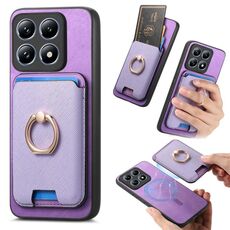 Per Xiaomi 14T Pro Retro Cross Leather Ring Vertical Insert Card Bag MagSafe Custodia per telefono (viola)