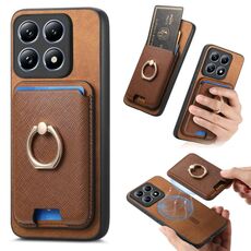 Per Xiaomi 14T Pro Retro Cross Leather Ring Vertical Insert Card Bag MagSafe Custodia per telefono (marrone)
